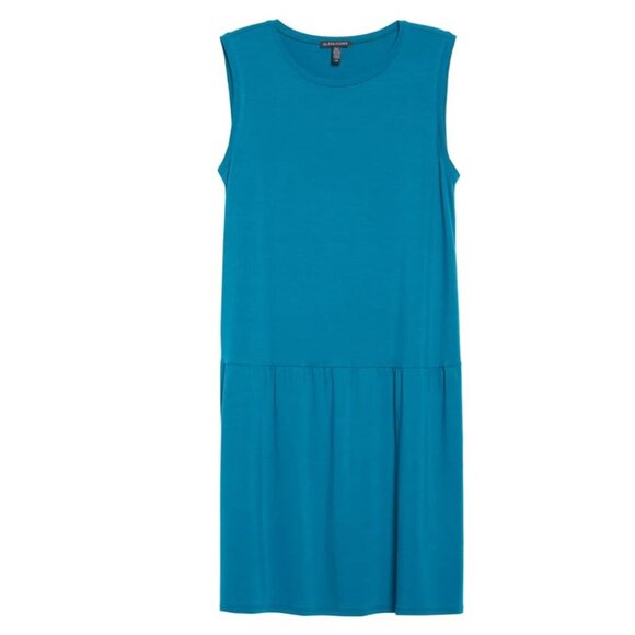 Eileen Fisher A-Line Stretch Dress Large Blue Sleeveless Drop Waist  Summer - Picture 5 of 6